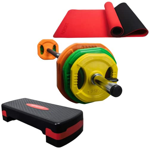NORDFIT - 20kg Barbell Weights Set - Studio Pump Weights Bundle - With Yoga Mat and Fitness Exercise Step - Home Exercise Gym Equipment (Rubber Weights Set with Red Mat and Step)