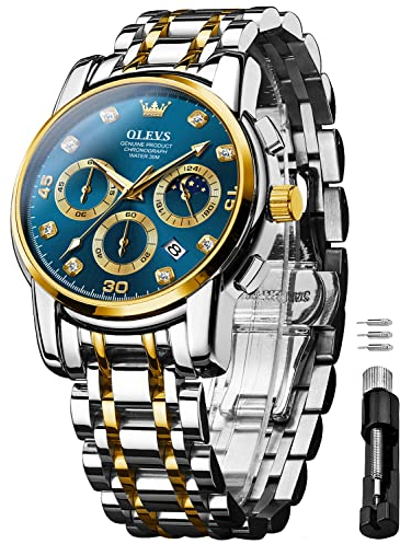 OLEVS Herrenuhren Gold Blau Geschenke Edelstahl Uhr Wasserdicht Leuchtende Lässige Elegante Männer mit Diamant Gesicht Business Quarz Armbanduhr