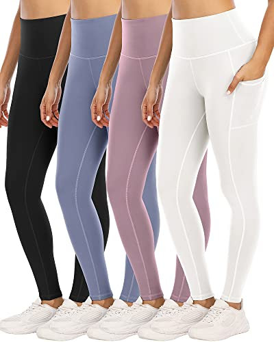 YOUNGCHARM Lot de 4 leggings avec poches pour femme, pantalons de yoga taille haute avec contrôle du ventre pour le travail, Taille S