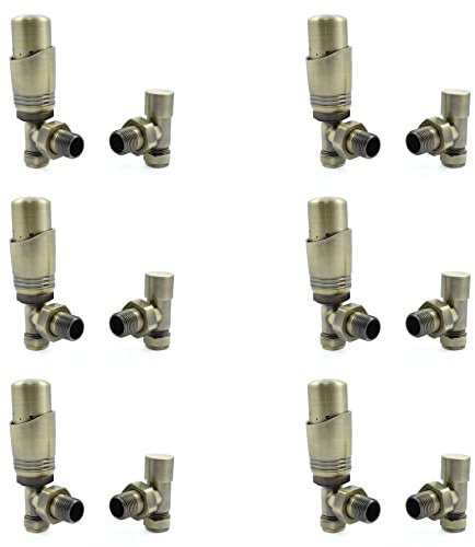 Hot Flow (6 Pack Bundle) Antique Brass Cascade Angled Modern TRV Thermostatic Radiator Valve (Pair) Includes 6X Angled TRV Body's & 6X Lock Shields for Quick & Easy Temperature Control.