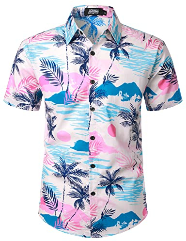 JOGAL Camicia hawaiana da uomo, a maniche corte, per il tempo libero, in cotone, estiva, Isola Rosa, XXXL