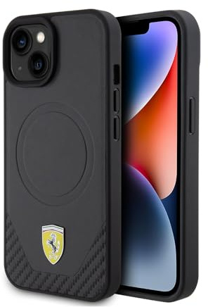 CG MOBILE Ferrari-Handyhülle, kompatibel mit Magsafe iPhone 15 Plus, schwarze PU-Unterseite, PU-Kohlefaser-Schutzhülle und strapazierfähige Hülle mit einfachem Schnappverschluss, Stoßdämpfung und