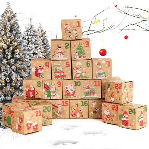 COLOFALLA 24 Stücke Adventskalender zum Befüllen Box 2024 7x7x7cm Weihnachten Geschenkbox Klein Weihnachten Geschenkschachtel Weihnachtskalender zum Basteln Selber Füllen für Kinder Frauen Männer