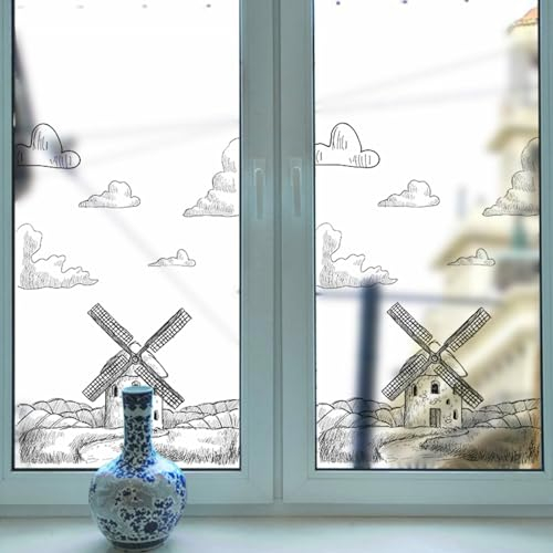 Fensterfolie Windmühle Graue Wolke Fensterfolie Blickdicht Sichtschutzfolie Fenster Static Milchglasfolie Folie Fenster Sichtschutz Home Office Fensterfolie Selbsthaftend 4P/60x116cm
