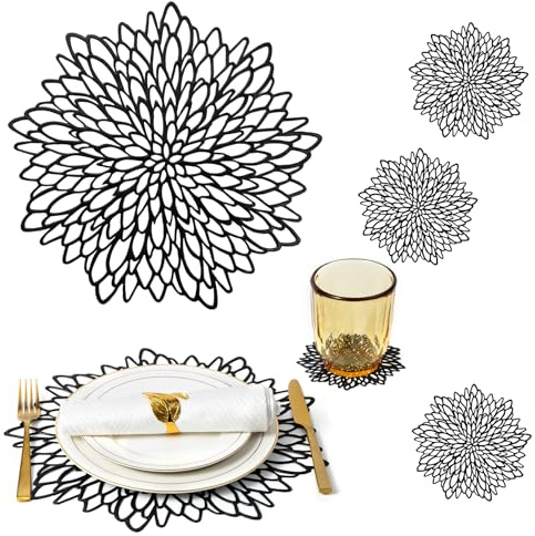 Black Placemats Set of 4 Black Charger Plates Table Mats Place Mats & 4 Pcs Coasters Holiday Modern Vinyl Round Washable Placemats Kitchen Christmas Farmhouse Dinner Wedding Dining Table Setting Decor
