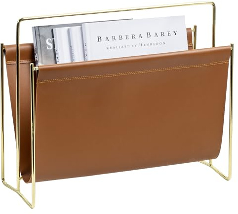 MyGift Magazine Holder Magazine Rack Floor 15-Inch Modern Brown Leatherette & Brass Plated Metal Floor Standing Faux Leather Sling Style Newspaper Rack for Home, Bathroom, Office Decor