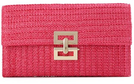 Freie Liebe Bolso de mano de paja para mujer, bolso de playa de verano, bolso tejido de mimbre de ratán para boda, Rojo rosa, 10.2''*5.9''
