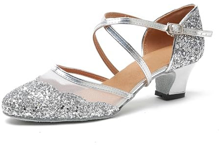 LITNERMIA Damen Mesh Glitzer Latein Tanzschuhe Modern Prom Geschlossene Zehen Pumps,L267 Silber 5cm Absatz,39 EU