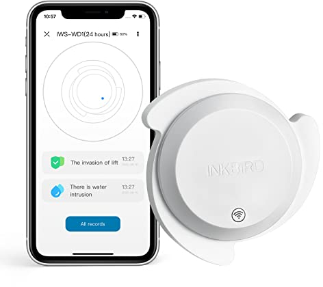 Inkbird WLAN Wassermelder, IWS-WD1 Smart Wassersensor, IP67 Wasserdicht, Präzisionssonden mit PVC Beschichtung, App Monitor, Echtzeit Alarm, für Bad, Küche, Balkon