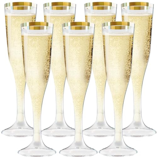 Sektgläser Plastik 50 Stück Champagnerflöten aus Kunststoff 150ml Mehrweg Sektgläser mit Goldene Kanten Marker Plastik Sektgläser für Hochzeit Party Picknicks Outdoor Partys Mimosa Bar(Transparent)