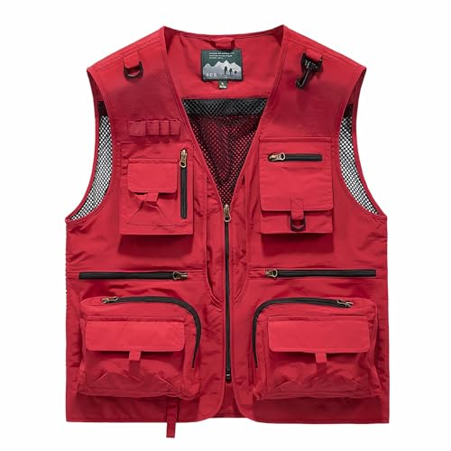 BatwhO Outdoor Weste Herren Sommer Leicht, Herren Sommer Outdoor Weste Leicht Atmungsaktiv Anglerweste Ärmellos Jacke Multi Taschen Steppweste Safari Funktionsweste für Jagd Wandern (Red,XL)