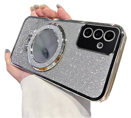 QIWEIQING Case for Samsung Galaxy A14 5G with Makeup Mirror, Gradient Glitter Ring Kickstand Case for Girls Women Protection Shockproof TPU Bumper Cover for Samsung A14 5G. Silver DSZ