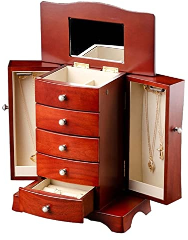 OZBMA Portagioie Organizzatore di Gioielli Portagioie in Legno per Donna Portagioie con 5 Cassetti Organizzatore E 2 Ante Aperte Separate su 2 Lati E Grande Specchio Accessori per La Camera da Letto