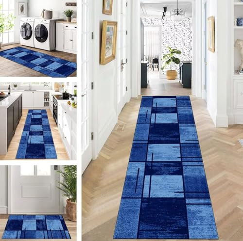 ZUZEKU Läufer Flur Küche Waschbar rutschfest 80X450cm Blau Lang Küchenteppich Flurteppich Teppich Fur Korridor Wohnzimmer Schlafzimmer Meterware Anpassbar