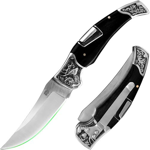 FULLHI Jagd-Taschenmesser mit Nylontasche, 441C Stahlklinge, PP TPR Griff EDC Messer mit Taschenclip Scharfes Camping Survival Trail Messer für Vater