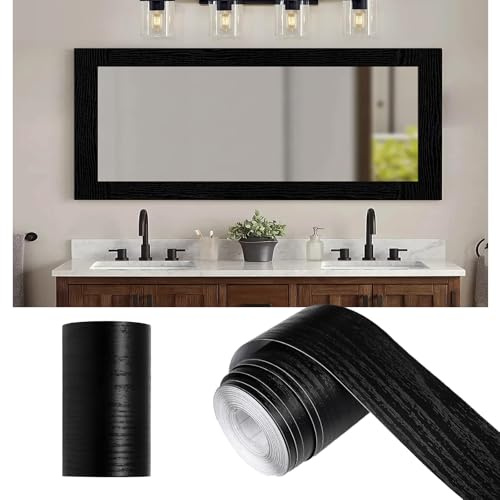 Alened 10M Black Wood Grain Mirror Frame Border Peel and Stick Wallpaper, Removable PVC Waterproof Bathroom Mirror Tape Sticker Trim, Kitchen Wallpaper Self Adhesive Decor Sticker 2 x 393
