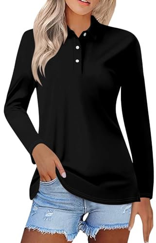 Polo Shirts for Women UK Solid Color Long Sleeve Lapel Sports Shirt Tennis Golf Breathable Casual Polo Shirt Z-Black L