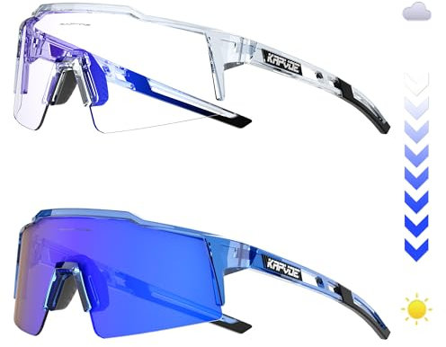 KAPVOE Selbsttönende Fahrradbrille Photochromatisch Uv400 Schutz TR90 Rahmen Sportsonnenbrille Sportbrille für Herren Damen Sport Radfahren Radbrille MTB Fahren Baseball Radsport Laufen 62 Blau