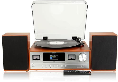 Denver MRD-52 Record Player Hi-Fi System With 2.4-inch Colour Screen - CD Player, DAB/DAB+ & FM Radio, Bluetooth, Aux In, Remote Control, Wooden Body & Speakers – Light Wood