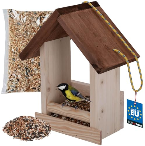 KOTARBAU® Mangiatoia Per Uccelli Selvatici - Legno - 18x10,5x27,5 cm - Marrone - Casetta Legno - Cibo per Uccellini da Esterno 0,5 kg - Mangiatoia Uccelli Da Esterno - Decorazione Giardino
