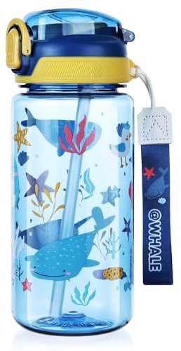 flintronic 20oz/600ml Botella de Agua Niños, Botella para Beber Pop-up, Botella de Agua Pajita para Infantil para Viajes Escolares Sin BPA, Sin Fugas, Reutilizable (Amarillo azul)