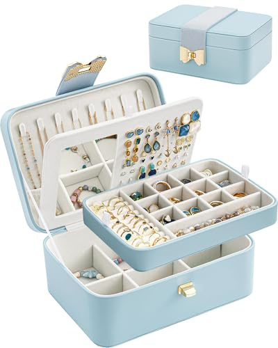 Lolalet 2 Layer Jewelry Box for Teen Girls & Young Women -Blue | Cute Bow Clasp, Built-In Mirror, Spacious Multi-Compartment Storage for Earrings Rings Necklaces, Gift Idea