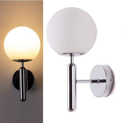 Alpinaluz Wandleuchte – Lampenschirm aus mattem Glas und Sockel aus glänzendem Stahl – E27-Fassung – modernes Design für Wohnzimmer, Esszimmer und Nachttisch (verchromt)