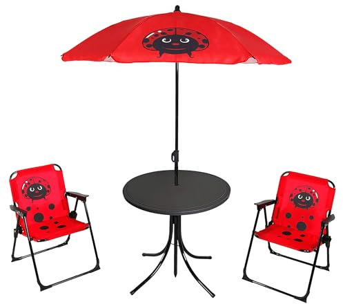 Juego de mesa para camping infantil, diseño de mariquitas con mesa y sombrilla, 4 piezas, para niños pequeños, con sombrilla y 2 sillas, juego de mesa plegable con reposabrazos