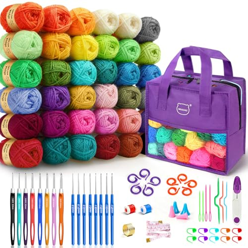 90 Stück Häkelset für Anfänger, Tragbar Häkelnadel Set, Strick Häkelzubehör | Große Wasserdichte Stricktasche, Garn Aufbewahrungs Organizer, Tolles Geschenk für Anfänger und Häkelnadeln, Lila
