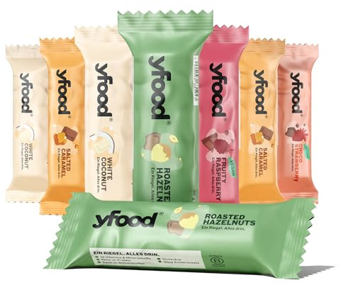 yfood barres, pack decouverte (8 repas,5 variétés), 14 g de protéines | Une barre yfood est un en-cas complet et sain à emporter, qui contient 14 g de protéines ainsi que 26 vitamines et minéraux.