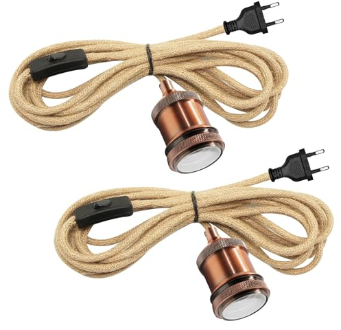 2PCS Lustre Corde de Chanvre avec Prise, 500CM Douille E27 Cable Corde, Suspension Luminaire Vintage avec Prise, Lampe Suspendue avec Interrupteur, Convient pour Intérieur DIY Abat Jour, Or Rose
