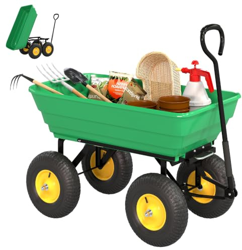 Outsunny Gartenwagen mit Kippfunktion Ziehgriff bis 200 kg Dunkelgrün | Handwagen, 75 Liter Kunststoffwanne, Luftbereifung, Bollerwagen Transportwagen Gartenkarre Dumper, für Gartenarbeit Rasen