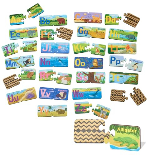 Wentworth Wooden Puzzles Animal Alphabet - A to Z Pairs Puzzle 52 Pcs Jigsaw Puzzle, Educational Large Easy to Handle Pieces - Sustainably Sourced Wood & British Made