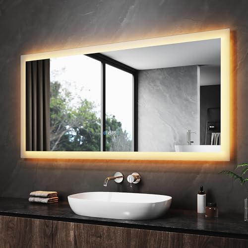 SONNI LED Badspiegel 120x60 cm, Touchschalter mit Uhr & Temperatur, 3 Lichtfarben für Make-up, Antibeschlag, Ideal für Badezimmer Wandmontage