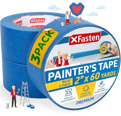 XFasten Professional Blue Painters Tape 2 Inch x 60 Yards (3-Pack) Bulk Blue Masking Tape for Painting Walls | Residue-Free
