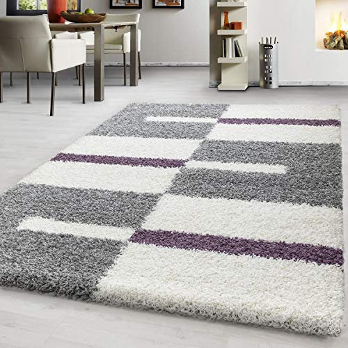 Teppium Shaggy Hochflor Teppich Läufer Flur 60 x 110 cm Lila - Kariertes Flauschiger Teppich, Weich und Pflegeleicht - Ideal als Bettvorleger im Schlafzimmer, Küchenläufer oder Wohnzimmerteppich