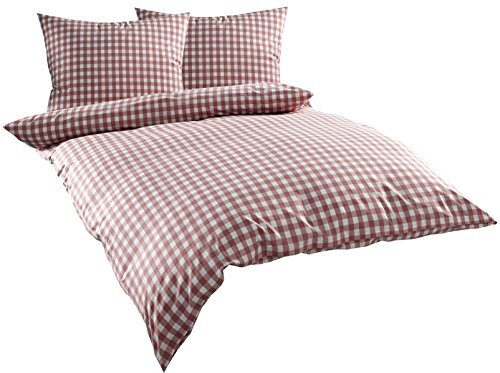 Bettwaesche-mit-Stil Mako Batist/Mako Perkal Landhaus Bettwäsche Karo Oslo kariert (200 cm x 200 cm + 2X 80 cm x 80 cm, Rot - Karo)