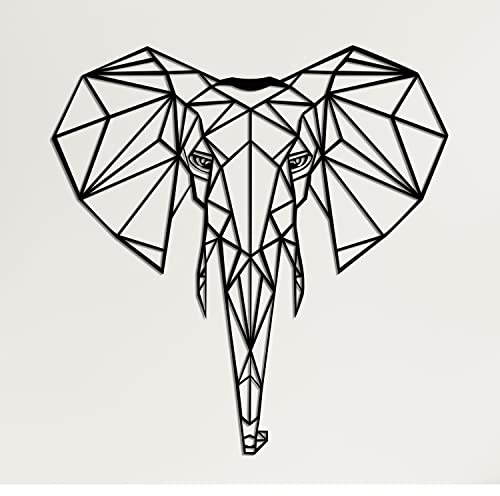 DEKADRON Metall-Wandkunst, geometrischer Elefantenkopf, 3D-Wand-Silhouette, Metall-Wanddekoration, Heimbüro, Dekoration, Schlafzimmer, Wohnzimmer, Dekor, Skulptur (71 x 76 cm)