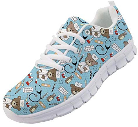 chaqlin Nette Krankenschwester Schuhe Damen Herren Sneaker Blau Cartoon Bär Doktor Muster Lace Up Sportschuhe Atmungsaktive Laufschuhe Für Frühling Sommer Eu38