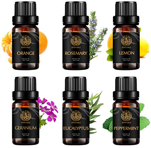Aromatherapy Lemon Essential Oil Set for Diffuser, Orange Essential Oils Kit, 6X10ml Cleaning Essential Oils Set-Lemon,Rosemary,Orange,Peppermint,Geranium,Eucalyptus Oil