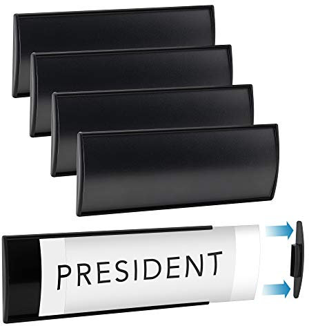 Juego de 6 soportes de pared robustos y elegantes de aluminio negro para placa de nombre de oficina con cinta adhesiva, 20,3 x 7,6 cm, incluye película plástica, inserciones de papel no incluidas