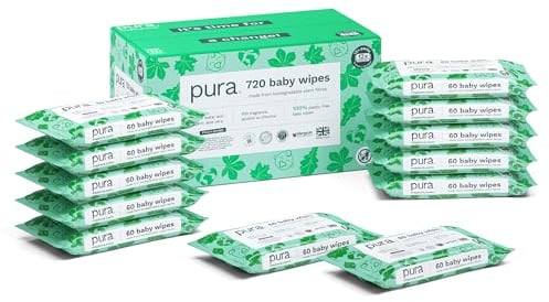 Pura Eco Friendly Baby Water Wipes 12 x 60 per pack, (720 Wet Wipes) 100% Plastic Free, 99% Water, Biodegradable, Compostable, Vegan Monthly Pack, Suitable for Sensitive & Eczema Prone Skin