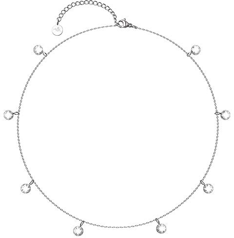 BONNYBIRD® Kristall Kette mit 8 Steinen Silber Damen Edelstahl Halskette mit Stein Anhänger Crystal Weiß Frauen Wasserfest Schmuck Silberkette Layering Silberschmuck