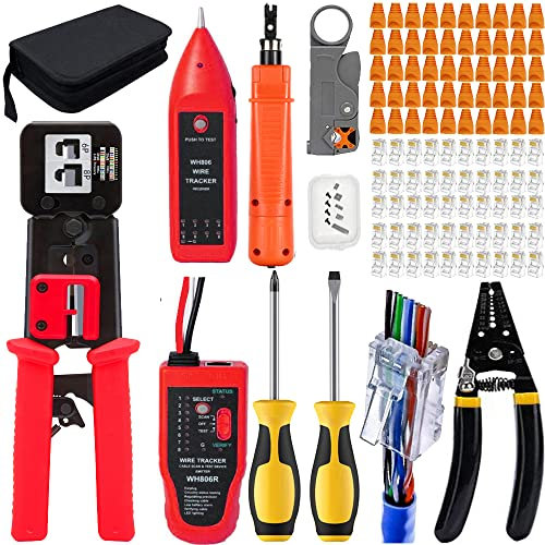 MAYLINE CAT5/CAT6 Crimper Tool Crimping Tools Set Network Cable Wire Stripper Repair Kit for RJ45, Maintenance Ethernet Punch Down Stripping Cutter, Professional Wire Crimp LAN Cable Tester(Red)