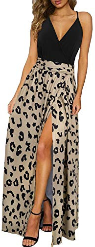 Newshows Women's Summer V Neck Spaghetti Strap Sleeveless Casual Split Long Maxi Wedding Guest Dress(Leopard 01,Large)