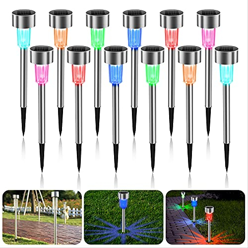 【12 Stück】Solarleuchten Garten Wasserdicht, Solar Gartenleuchte aus Edelstahl Energiesparend Solarleuchte Wegleuchte Solarlampe Dekoration Licht für Außen Garten Patio Rasen Hofwege Wege (Bunt)