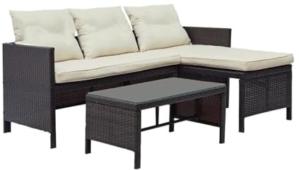 Zendea Set Giardino Esterno con 2 Divani Angolari, 1 Tavolo in Vetro e Cuscini inclusi - Salottino da Giardino Completo in Rattan e Acciaio - Design Modulabile e Resistente