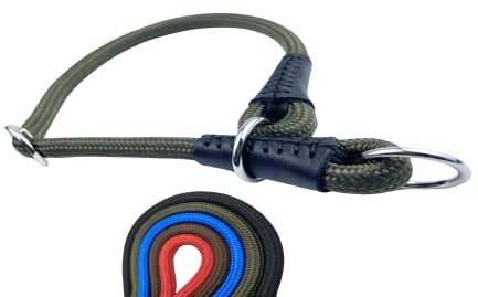 Soft Cord - Hundehalsband mit Zugbegrenzung, Nylon Halsung, Zugstopper, Oliv, M - 50cm, einstellbar, robust, wetterfest, innen textilverstärkt und Endkappen aus Leder