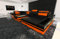 Sofa Wohnlandschaft Mezzo U Form Ledersofa - mit LED Beleuchtung, verstellbare Kopfstützen, Recamiere/Lederfarben wählbar/Ausrichtung Ottomane wählbar (Ottomane rechts, Schwarz-Orange)