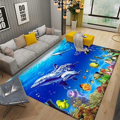 Teppich Sofa Wohnzimmer teppiche Teppich nach Mass Blauer Kinderteppich, Schönes Gekritzel Meerestier Muster Wohnzimmer Dekoration 200x300cm